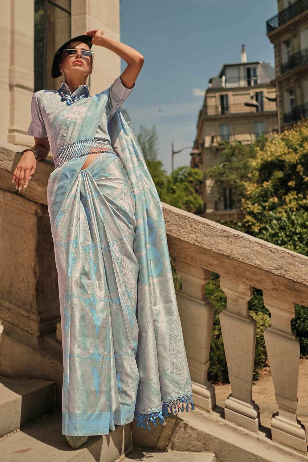 Shop Kaya Silk Sky Block Print One Minute Saree at best offer at our  Store - One Minute Saree