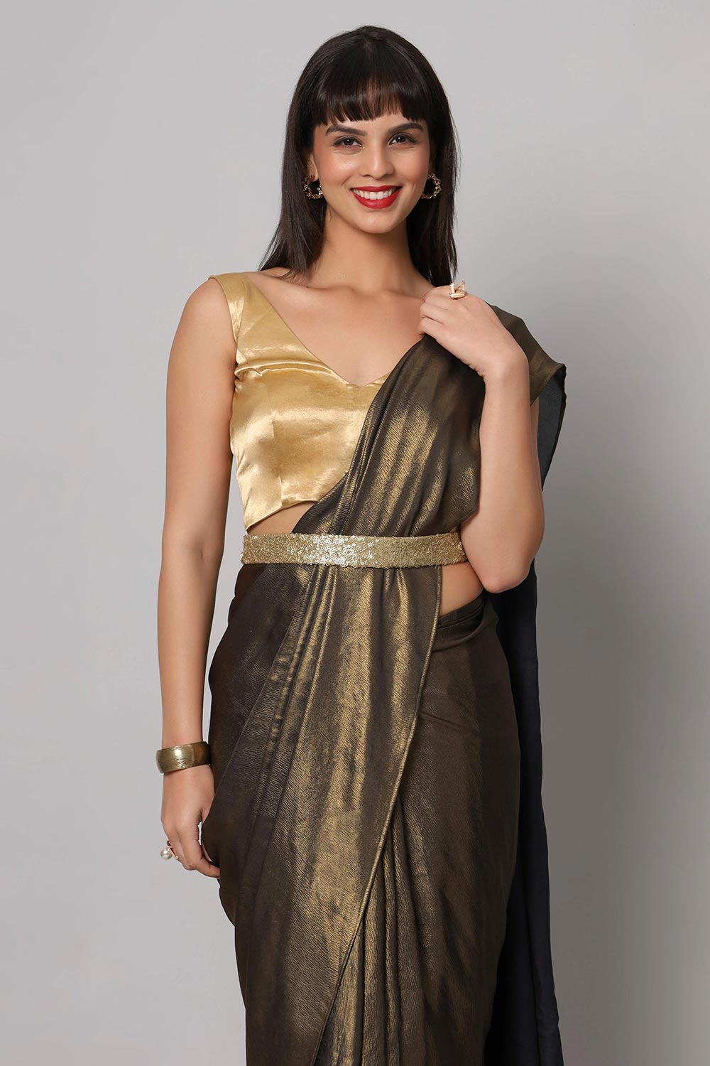 Meera Dark Grey & Gold Shimmer Crepe One Minute Saree