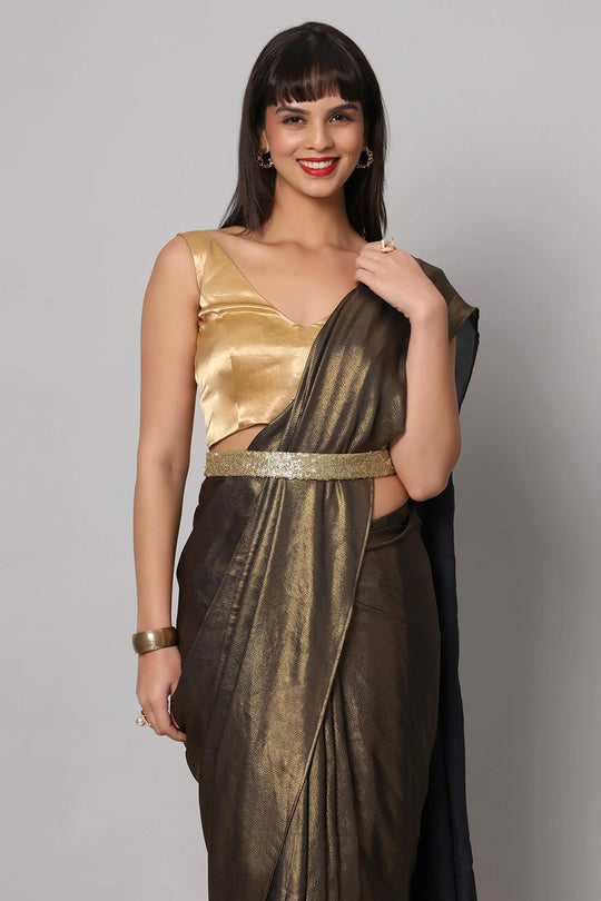 Meera Dark Grey & Gold Shimmer Crepe One Minute Saree