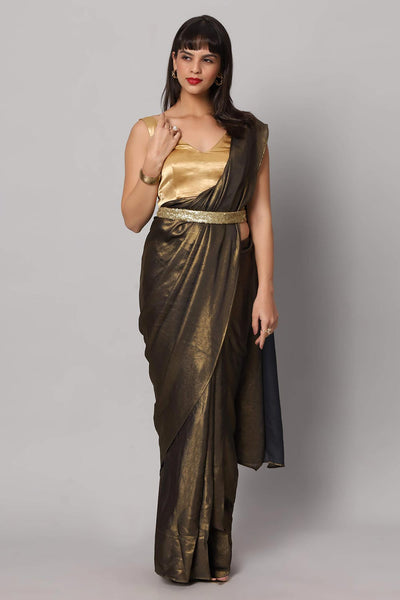 Buy Meera Dark Grey & Gold Shimmer Georgette  One Minute Saree Online - Zoom Out