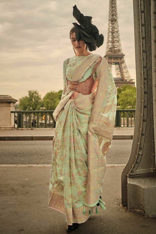 Buy Kyra Silk Light-Green Floral One Minute Saree Online - One Minute Saree