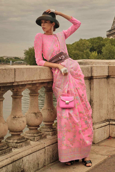 Buy Kyra Silk Pink Floral One Minute Saree Online
