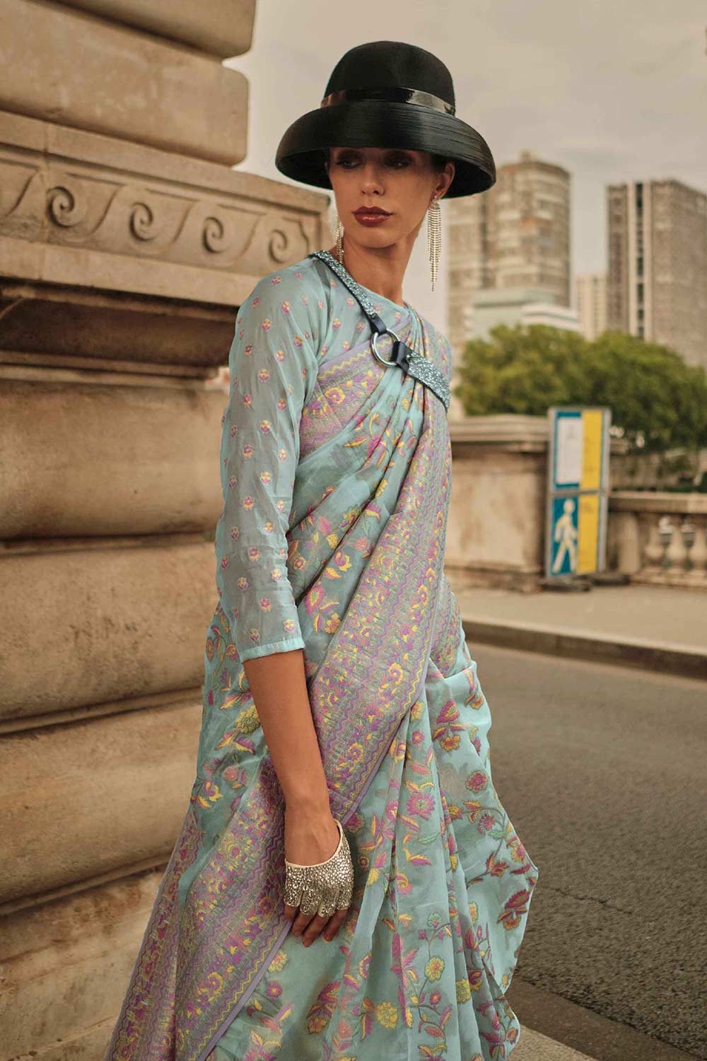 Buy Kasia Silk Pink Floral One Minute Saree Online - One Minute Saree