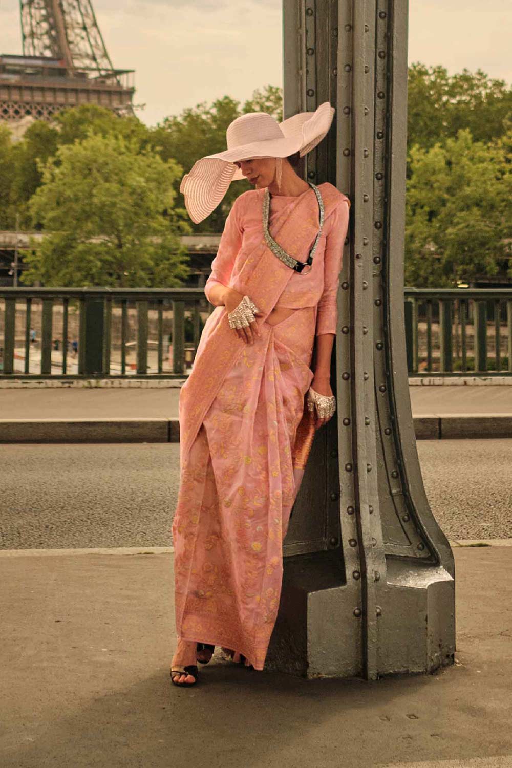 Buy Kyra Silk Orange Floral One Minute Saree Online - One Minute Saree