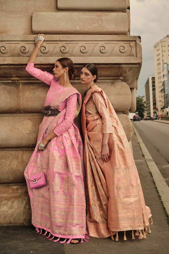 Buy Kyra Silk Orange Floral One Minute Saree Online - Back