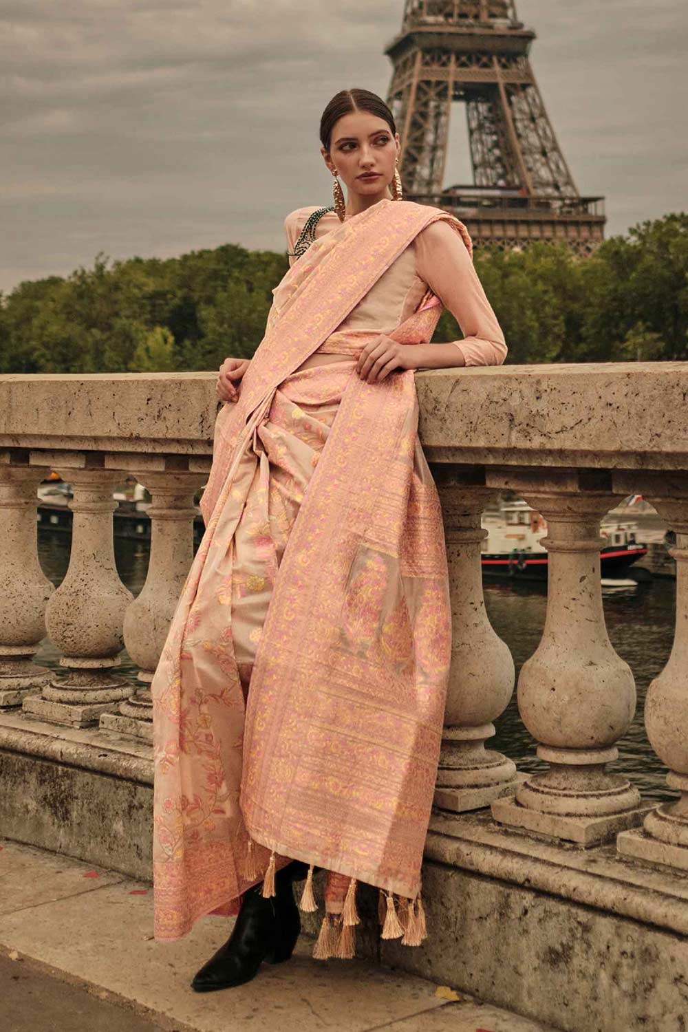 Buy Kyra Silk Orange Floral One Minute Saree Online