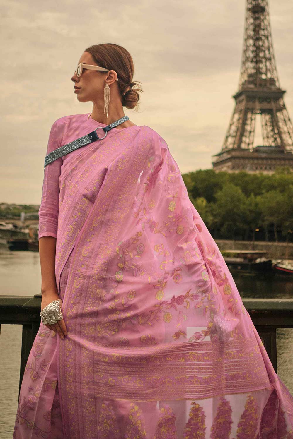Shop Kyra Silk Pink Floral One Minute Saree at best offer at our  Store - One Minute Saree