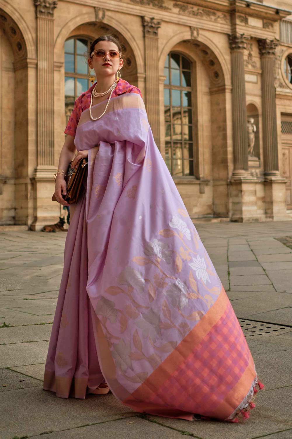 Buy Jules Silk Lavender Block Print One Minute Saree Online - One Minute Saree