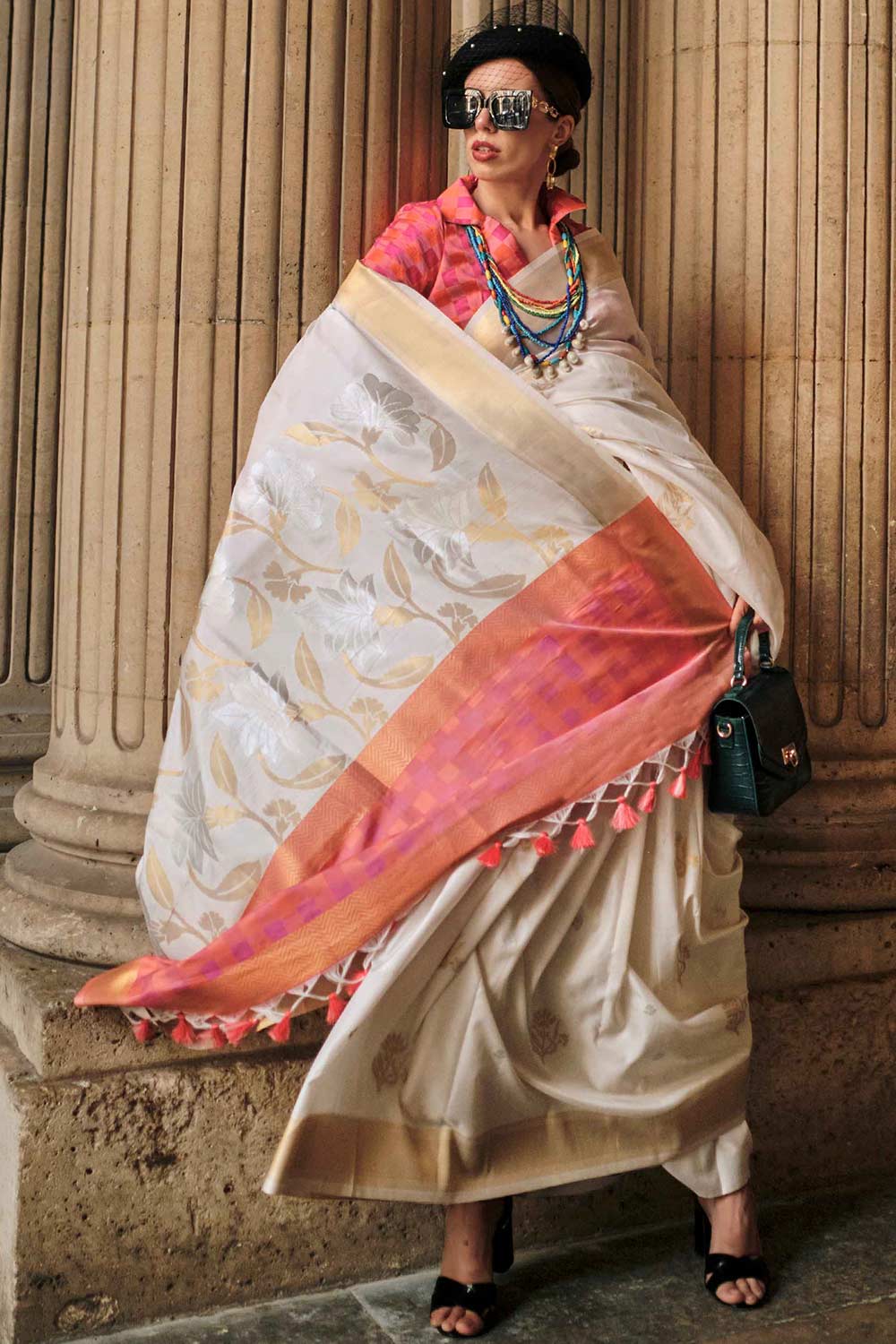 Shop Jules Silk White Block Print One Minute Saree at best offer at our  Store - One Minute Saree