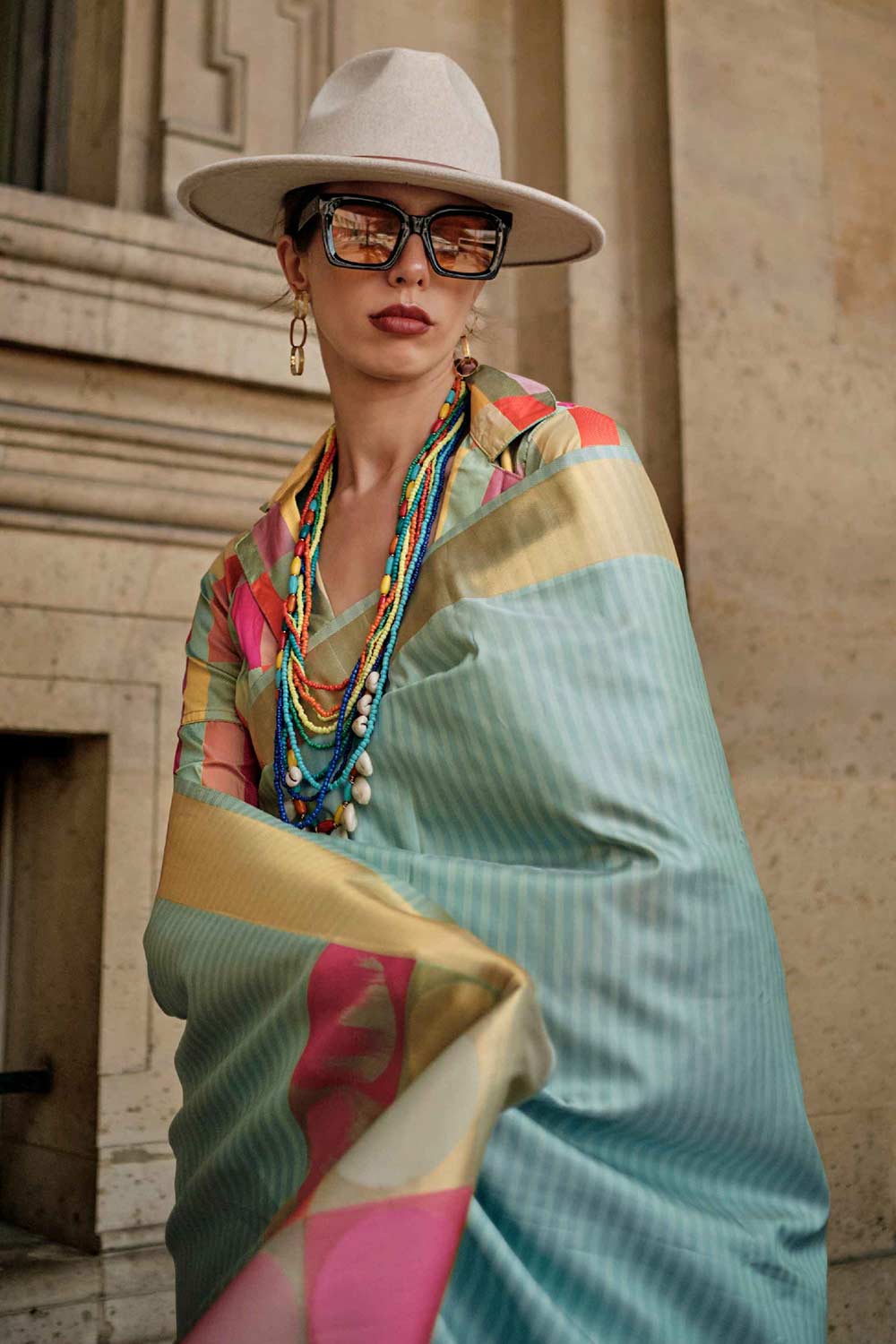 Shop Jules Silk Blue Block Print One Minute Saree at best offer at our  Store - One Minute Saree