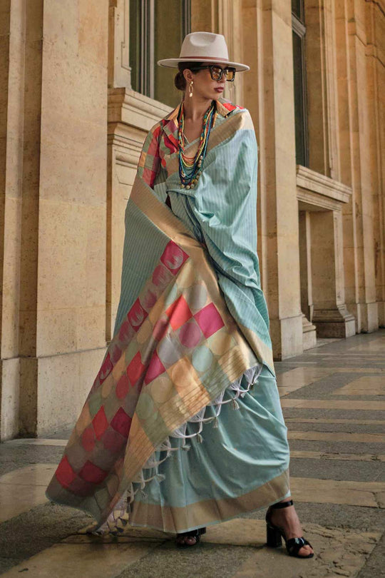 Buy Jules Silk Blue Block Print One Minute Saree Online - One Minute Saree