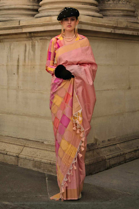 Buy Jules Silk Pink Block Print One Minute Saree Online - One Minute Saree