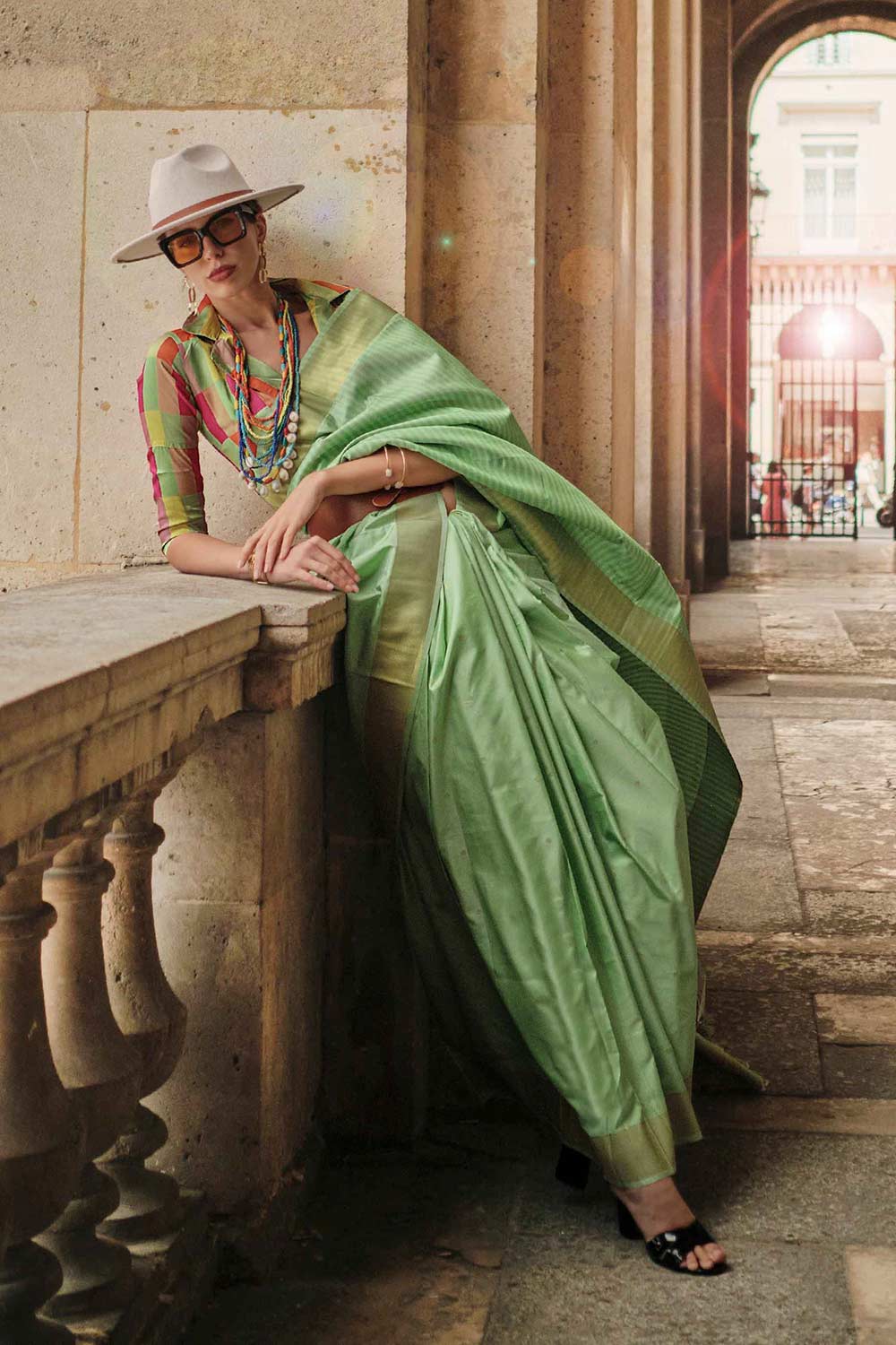 Shop Jules Silk Green Block Print One Minute Saree at best offer at our  Store - One Minute Saree
