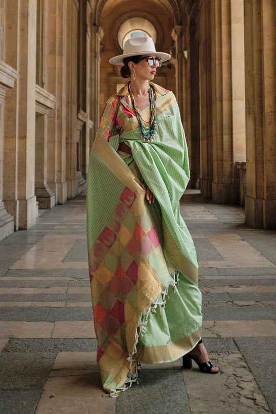 Buy Jules Silk Green Block Print One Minute Saree Online - One Minute Saree