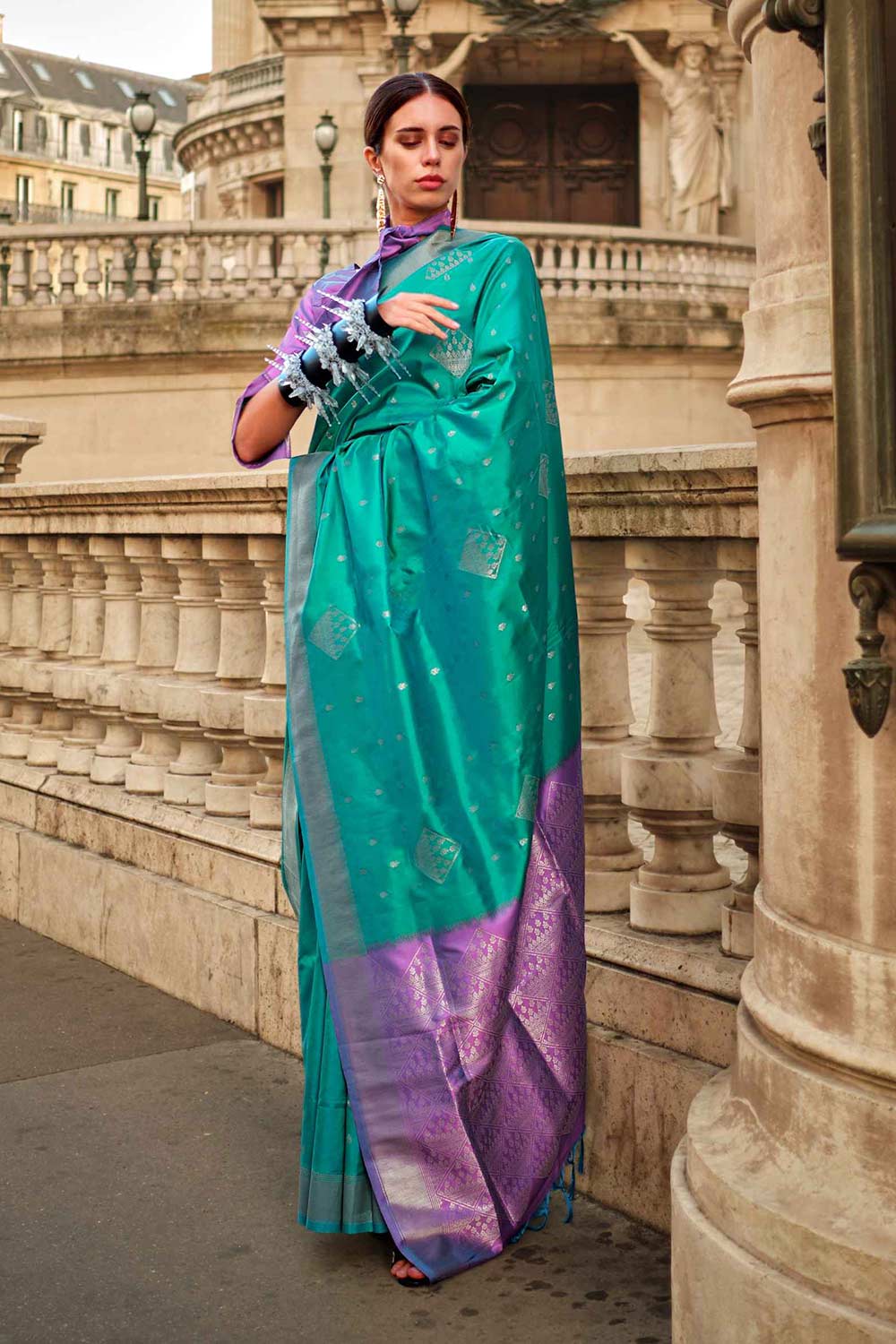 Shop Katrina Silk Turquoise Block Print One Minute Saree at best offer at our  Store - One Minute Saree