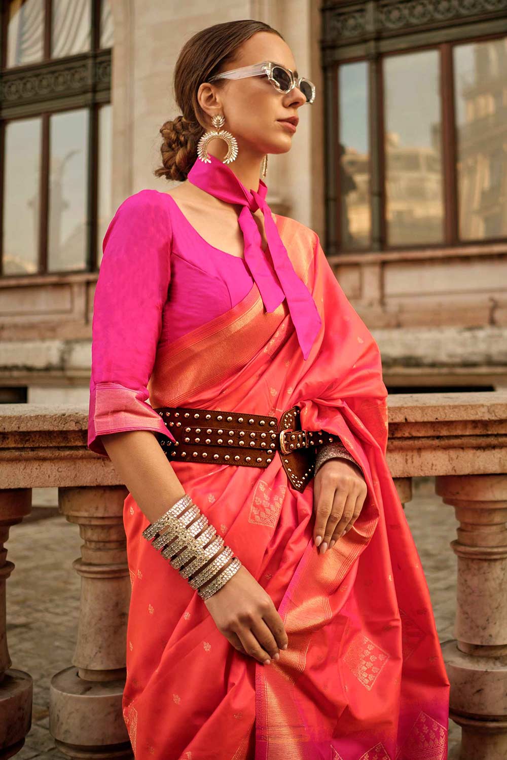 Buy Katrina Silk Orange Block Print One Minute Saree Online - One Minute Saree