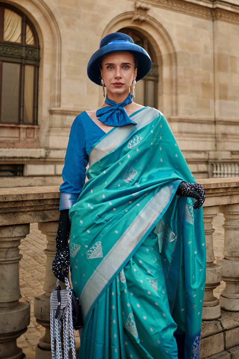 Buy Katrina Silk Turquoise Block Print One Minute Saree Online - One Minute Saree