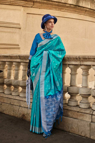 Buy Katrina Silk Turquoise Block Print One Minute Saree Online - One Minute Saree