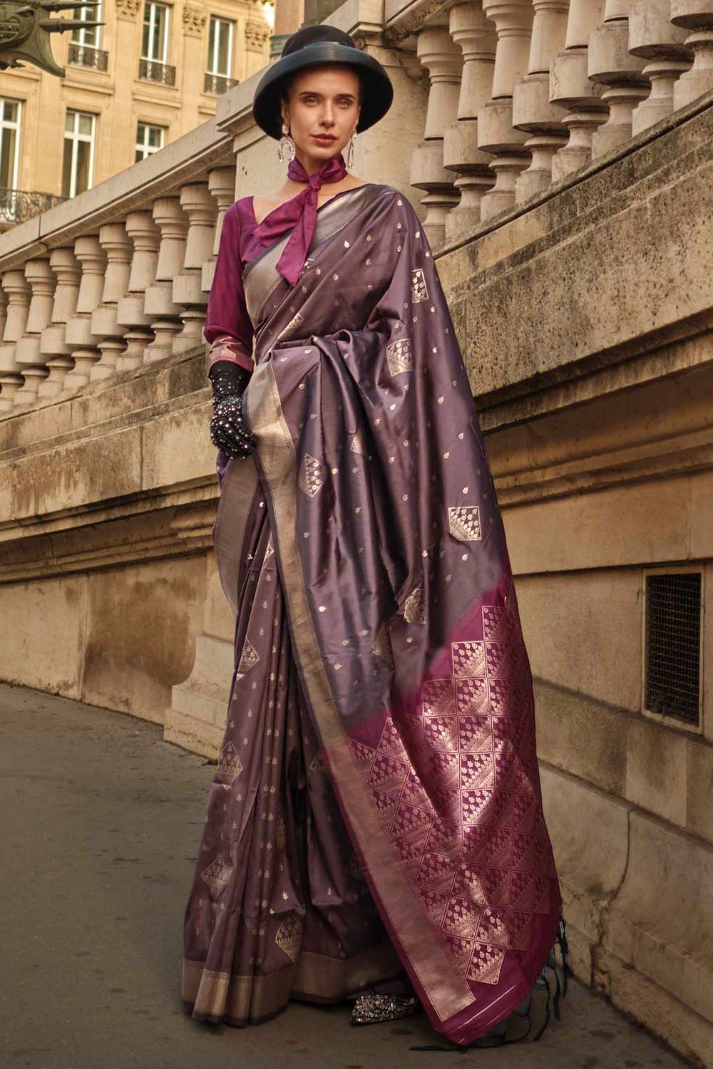 Shop Katrina Silk Coffee Block Print One Minute Saree at best offer at our  Store - One Minute Saree