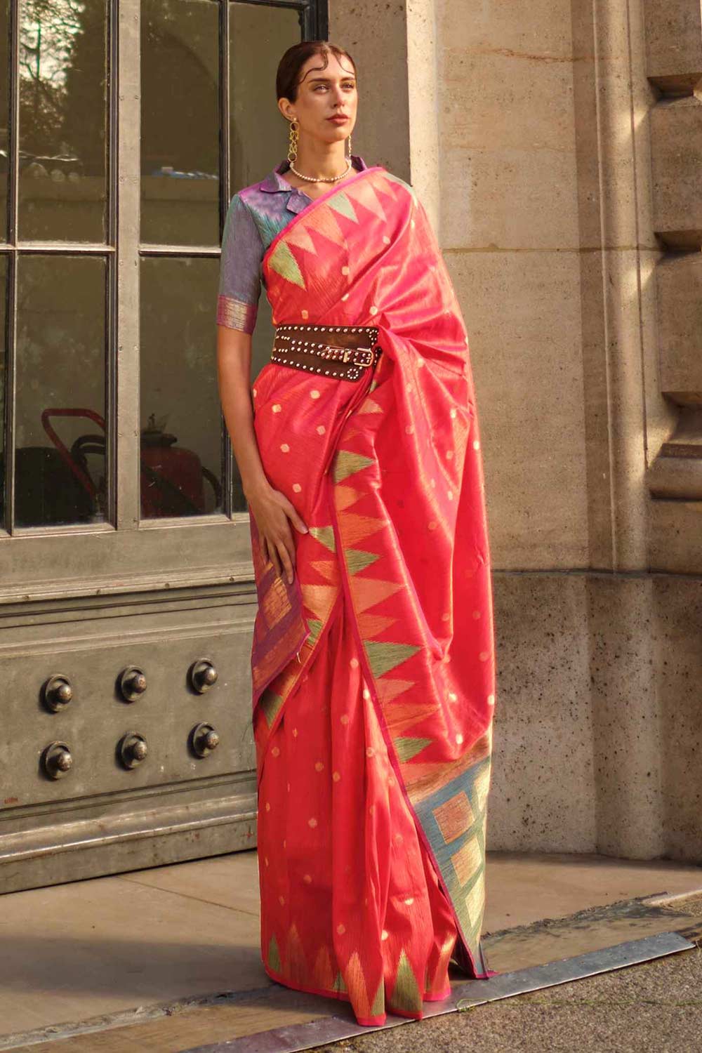 Buy Anjum Silk Pink Block Print One Minute Saree Online - One Minute Saree