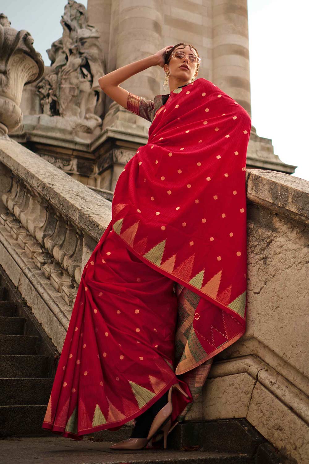 Buy Anjum Silk Red Block Print One Minute Saree Online - One Minute Saree