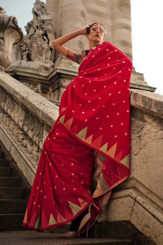 Buy Anjum Silk Red Block Print One Minute Saree Online - One Minute Saree