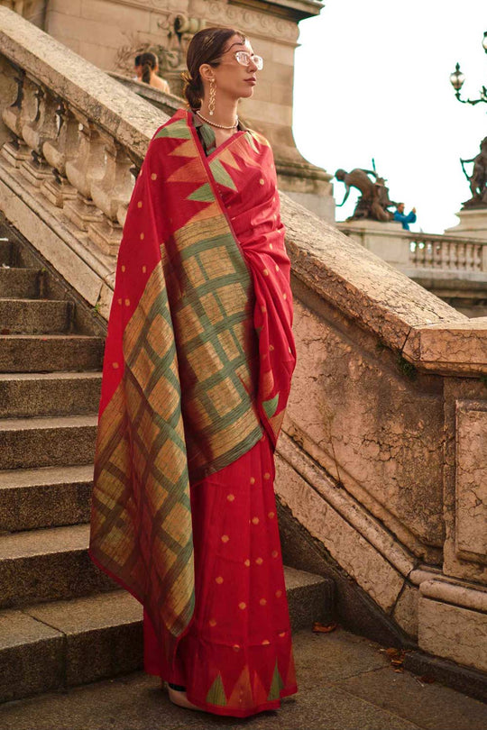 Buy Anjum Silk Red Block Print One Minute Saree Online