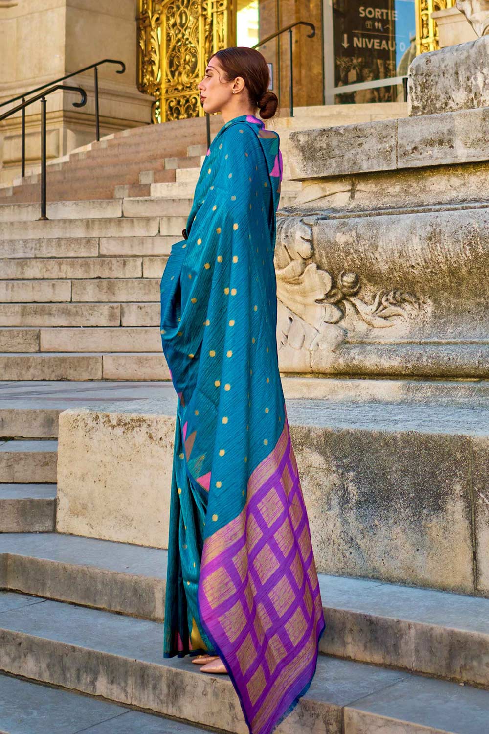 Shop Anjum Silk Blue Block Print One Minute Saree at best offer at our  Store - One Minute Saree
