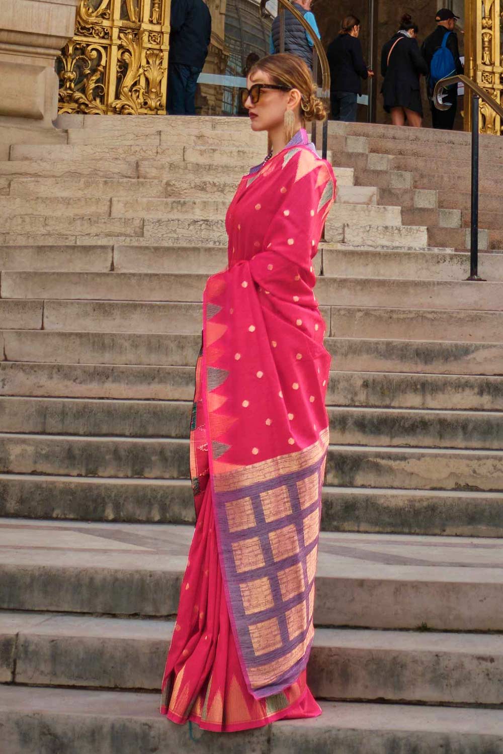 Buy Anjum Silk Rani Block Print One Minute Saree Online - One Minute Saree