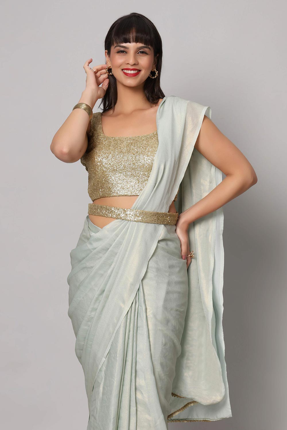 Buy Meera Sea Blue & Gold Shimmer Georgette One Minute Saree Online