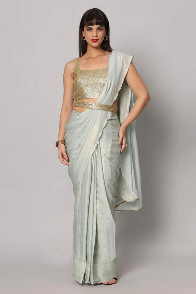 Buy Meera Sea Blue & Gold Shimmer Georgette One Minute Saree Online - One Minute Saree