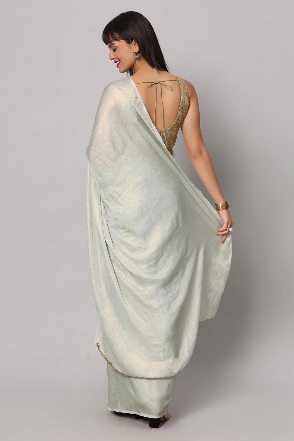 Buy Meera Sea Blue & Gold Shimmer Georgette One Minute Saree Online - One Minute Saree