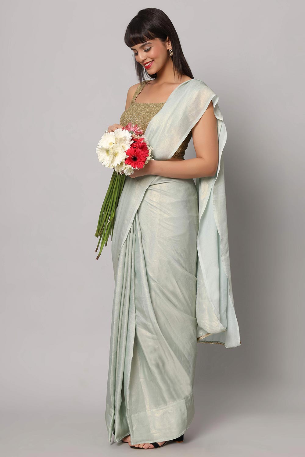 Buy Meera Sea Blue & Gold Shimmer Georgette One Minute Saree Online - Back