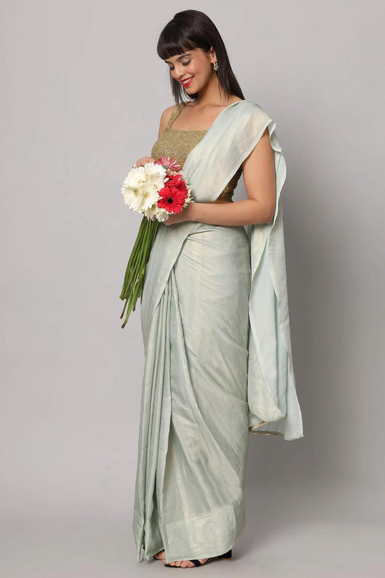 Buy Meera Sea Blue & Gold Shimmer Georgette One Minute Saree Online - Back