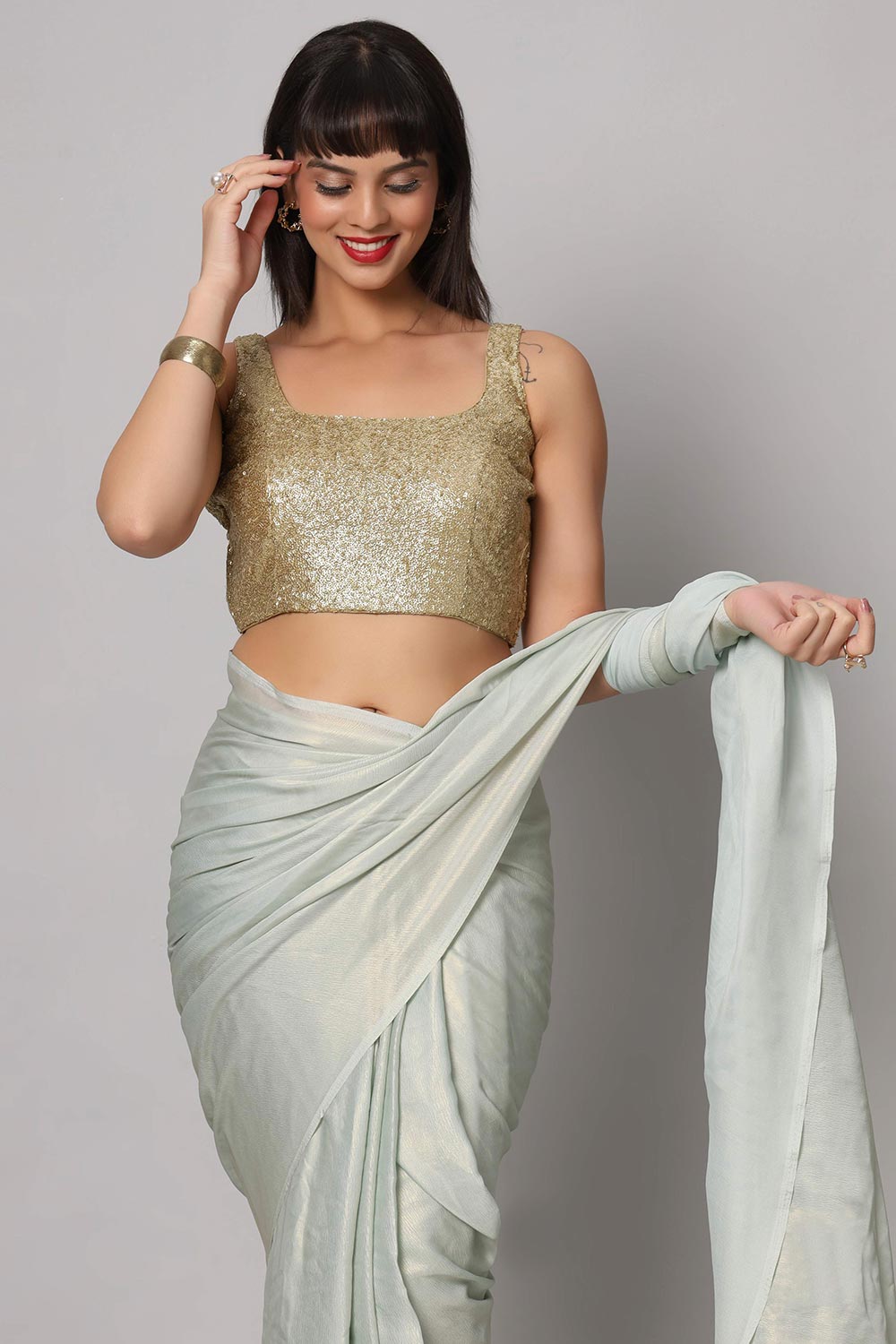 Buy Meera Sea Blue & Gold Shimmer Georgette One Minute Saree Online - Front