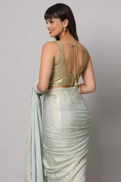Buy Meera Sea Blue & Gold Shimmer Georgette One Minute Saree Online - Side