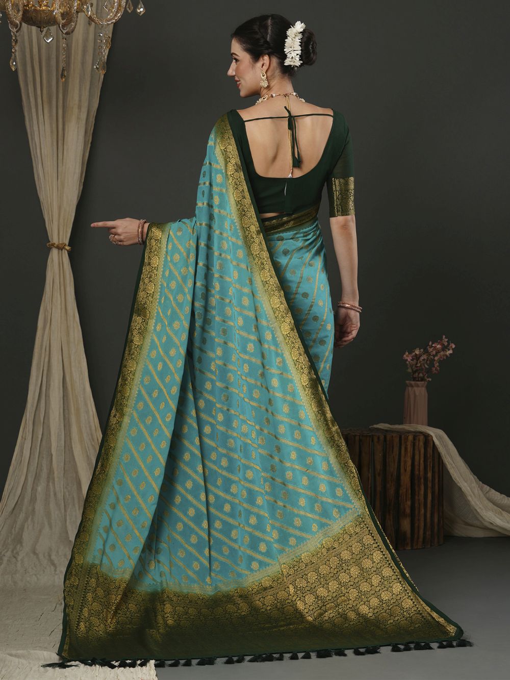 Shop Prachi Teal Blue Georgette Kanjivaram One Minute Saree at best offer at our  Store - One Minute Saree