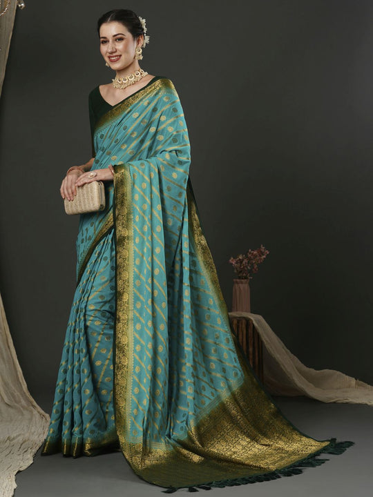 Buy Prachi Teal Blue Georgette Kanjivaram One Minute Saree Online