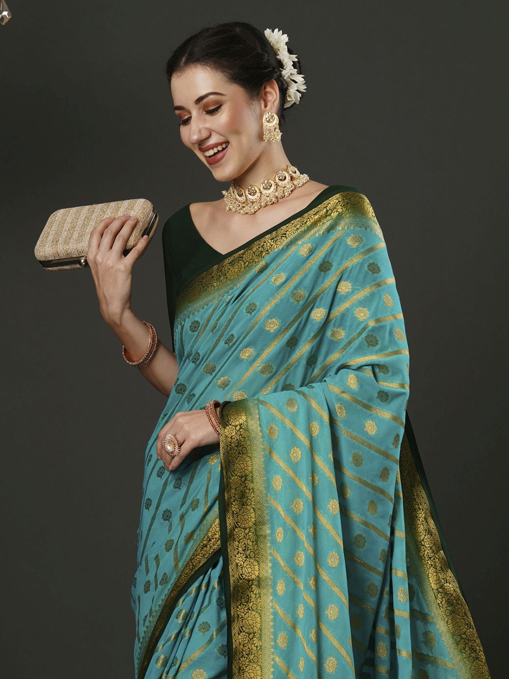 Buy Prachi Teal Blue Georgette Kanjivaram One Minute Saree Online - Back