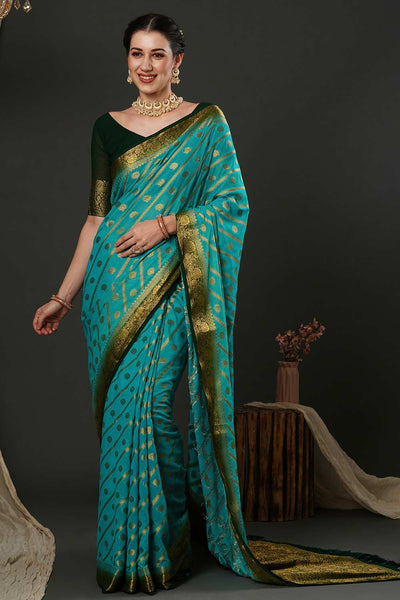 Buy Prachi Teal Blue Georgette Kanjivaram One Minute Saree Online - One Minute Saree