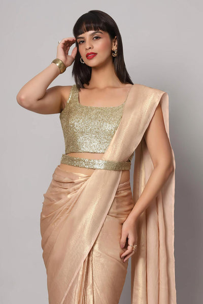Buy Meera Peach & Gold Shimmer Georgette One Minute Saree Online
