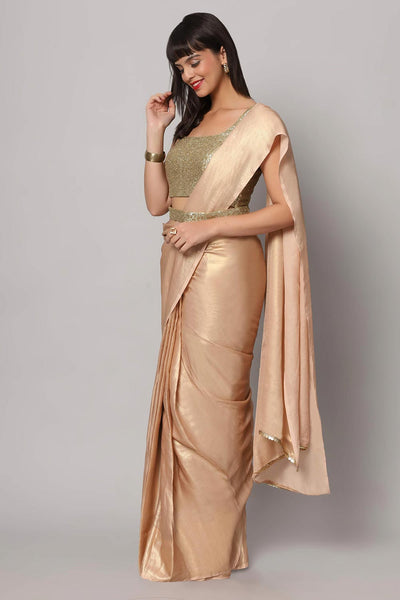 Buy Meera Peach & Gold Shimmer Georgette One Minute Saree Online - One Minute Saree