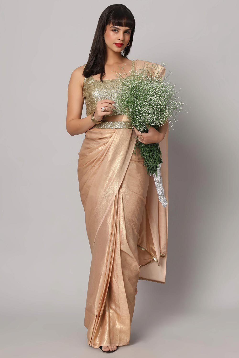 Buy Meera Peach & Gold Shimmer Georgette One Minute Saree Online - Back