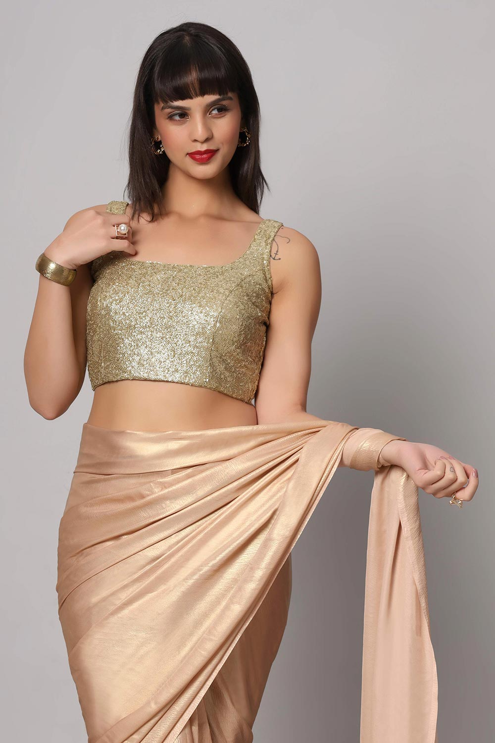 Buy Meera Peach & Gold Shimmer Georgette One Minute Saree Online - Front