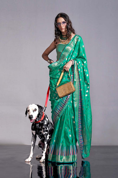 Buy Kesha Green Kanoi Silk Foil Print Floral One Minute Saree Online - One Minute Saree