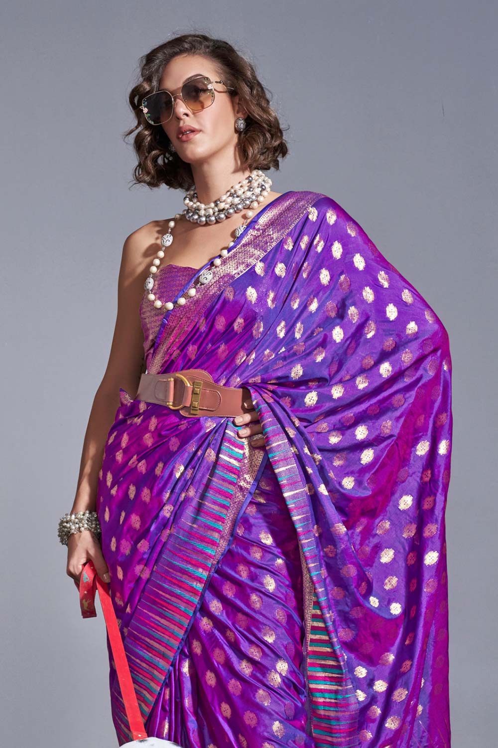 Shop Letia Purple Kanoi Silk Foil Print Stripe One Minute Saree at best offer at our  Store - One Minute Saree