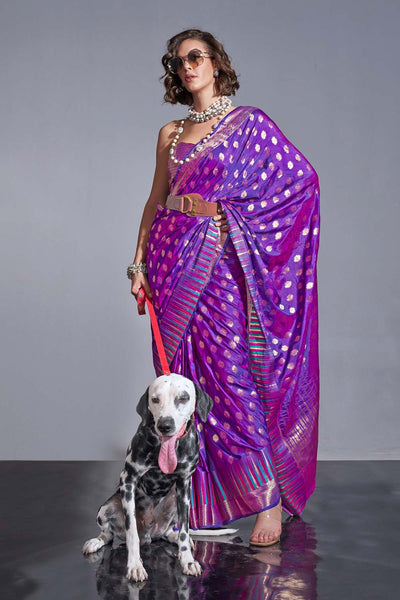 Buy Letia Purple Kanoi Silk Foil Print Stripe One Minute Saree Online - One Minute Saree
