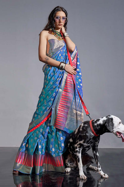 Buy Tress Navy Blue Kanoi Silk Foil Print Stripe One Minute Saree Online - One Minute Saree