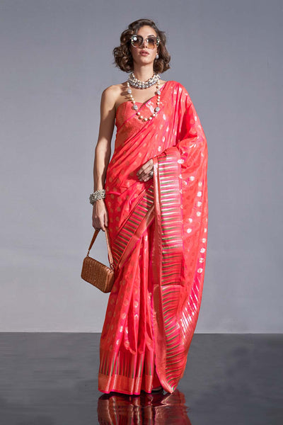 Buy Kayna Coral Kanoi Silk Foil Print Stripe One Minute Saree Online - One Minute Saree