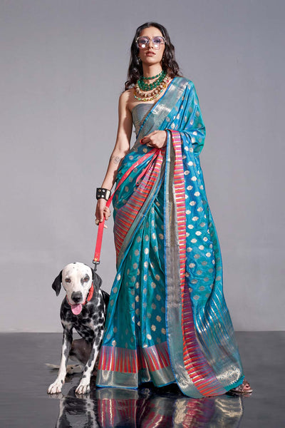 Buy Nadya Teal Kanoi Silk Foil Print Stripe One Minute Saree Online - One Minute Saree
